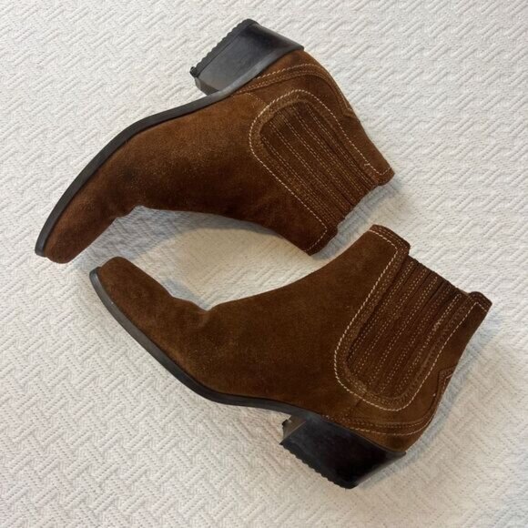 Zara Women's 36 US 6 Brown Leather Cowboy Western Booties Boots Heeled Slip On - Picture 4 of 10
